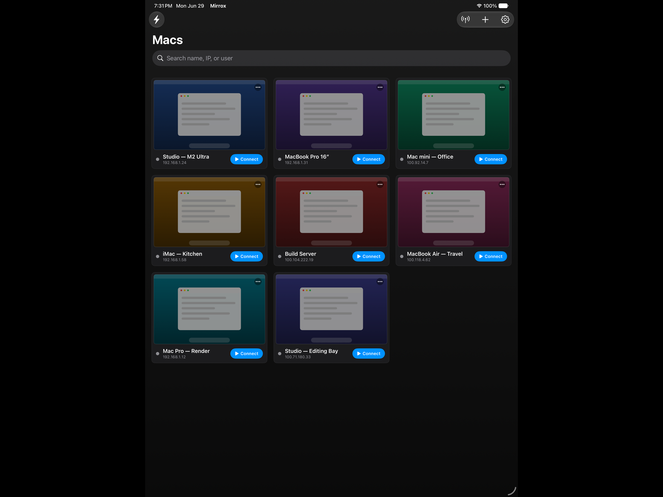 Mirrox iPad machine catalog screen